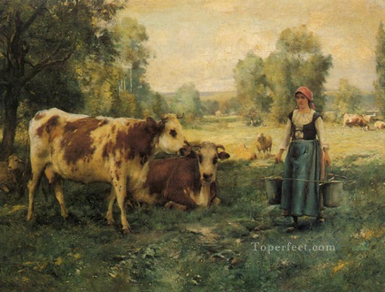 Una lechera con vacas y ovejas Vida en la granja Realismo Julien Dupre Pintura al óleo